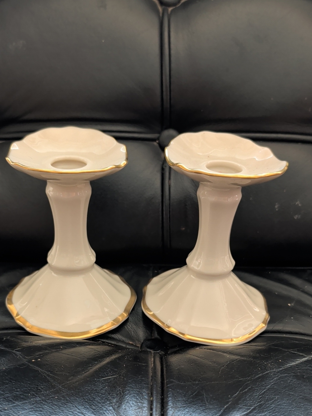 Lenox Cream Ceramic Candle Holders with Gold Trim - Pair